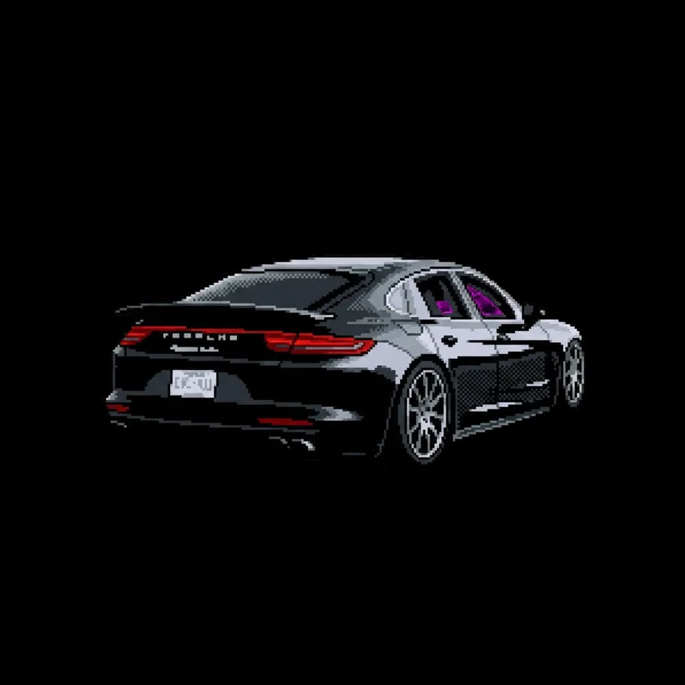 Custom pixel racer car design printed on a t-shirt.