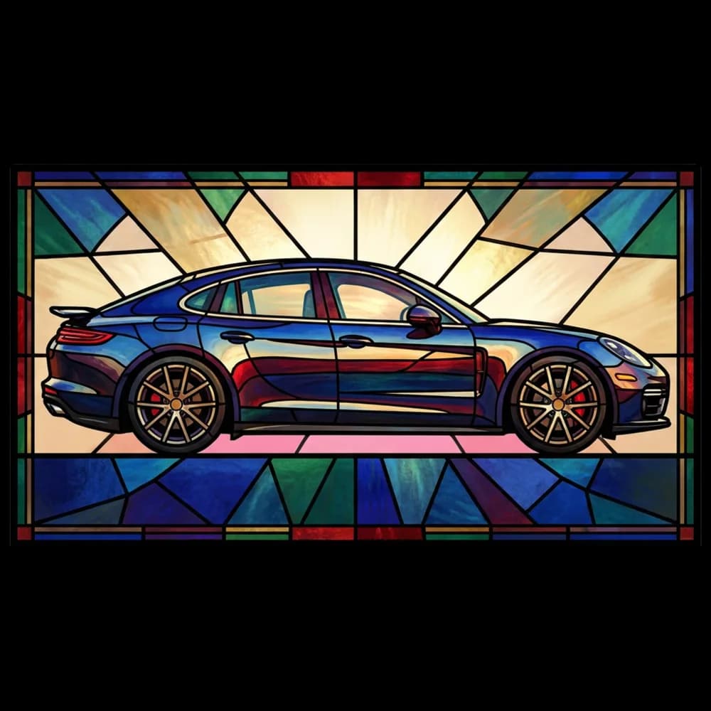 Custom stained glass car design printed on a t-shirt.
