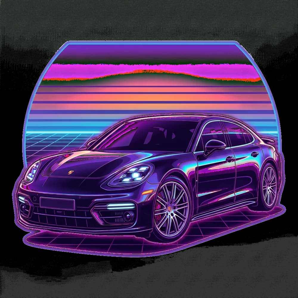 Custom outrun car design printed on a t-shirt.